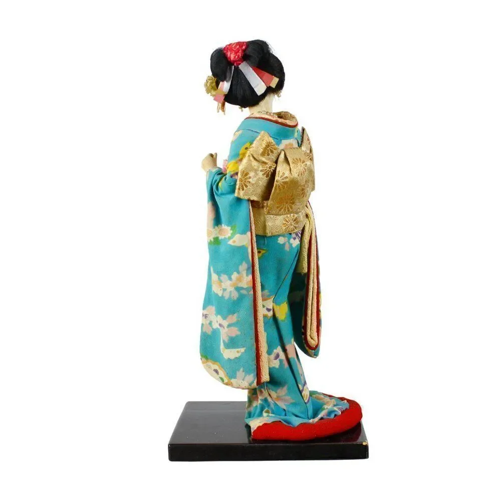 Vintage Japanese Geisha Doll Figurine in Traditional Turquoise Silk Crepe Kimono